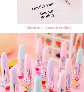Detailed view of lipstick-shaped gel pens in macaron colors with colorful beads inside