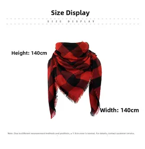 Size chart for 140x140cm red and black plaid cashmere-like square scarf showing dimensions