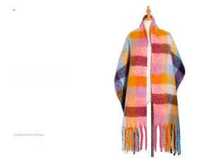 Detail of colorful plaid scarf with long fringe texture and chunky knit wool finish