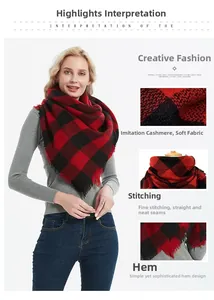 Detail of red and black buffalo plaid scarf showing neat stitching and soft tassel hem