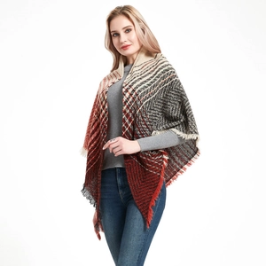 Women's oversized herringbone knit shawl scarf with red and grey geometric pattern