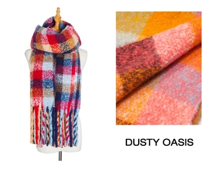 Detailed macro view of the thick multi-color plaid knit scarf with long twisted tassels