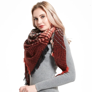 Classic red and black plaid oversized fringe scarf with thick herringbone knit pattern