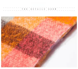 Macro detail of thick plaid scarf featuring colorful knit loops and textured fringe