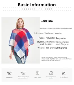 Detail of red and blue checkered poncho with thick tassel fringe and material specs