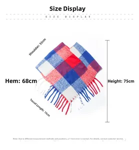 Detailed size chart for the plaid poncho showing shoulder 53cm and length 75cm