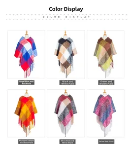 Detail of colorful knitted plaid poncho collection with fringe tassels in six colorways