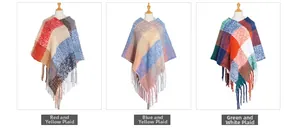 Detailed comparison of plaid poncho shawls in red-yellow, blue-yellow, and green-white