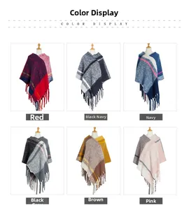 Color display of knitted plaid ponchos with tassels in red, navy, brown, and grey options