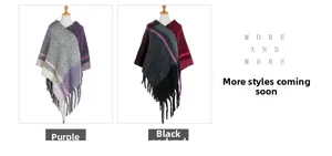 Detail of chunky knit poncho showcasing purple-grey and red-black checkered fringe tassels