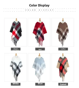 Detail showing various color options for the thick plaid knit poncho with tassels