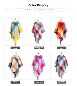 Detailed color display of thick plaid ponchos with long decorative fringe tassels