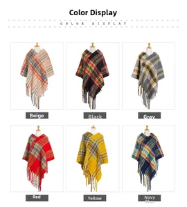 Detail display of plaid tassel ponchos in six colors beige black grey red yellow navy blue