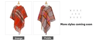 Detail of plaid mohair poncho shawl in orange and purple with long tassel fringe edge