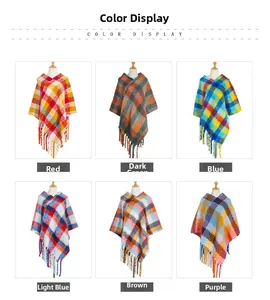 Grid display of thick plaid poncho capes with tassels in six vibrant color patterns