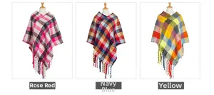 Detail of plaid poncho shawl featuring fringe tassels in rose red and navy blue knit