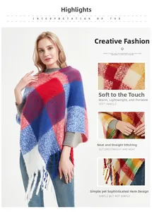 Detail of plaid poncho showing soft knit texture and long fringe tassel edges
