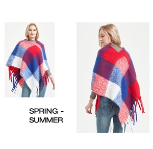 Detail of colorful plaid knit poncho with long tassels and thick boucle yarn texture