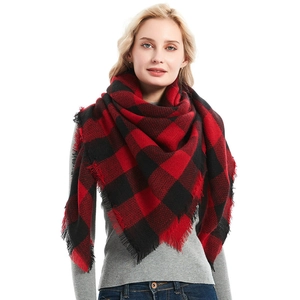 Classic red and black buffalo plaid faux cashmere triangle scarf with tassel fringe