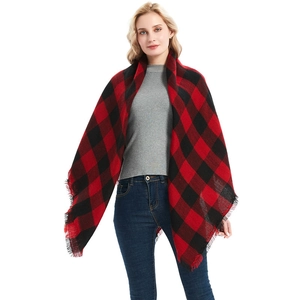 Classic red and black plaid cashmere shawl scarf with tassel edges for women in winter