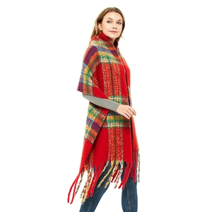 Sciarpa a quadri colorati con frange lunghe in rosso giallo e blu invernale
