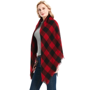 Classic red and black buffalo plaid shawl with fringes, soft cashmere-like wrap scarf