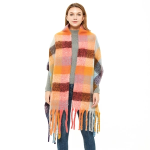 Thick colorful plaid scarf with long tassels, warm chunky knit oversized shawl for women