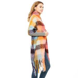 Thick colorful plaid scarf with tassels and chunky knit texture for autumn and winter