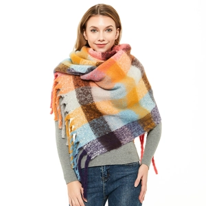 Thick colorful plaid scarf with long fringe for women, autumn and winter accessory