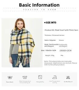 Close-up details of yellow and blue oversized plaid scarf with chunky fringe and thick knit