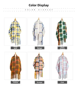 Color display of plaid tassel scarves in blue, beige, green, ginger, orange and pink
