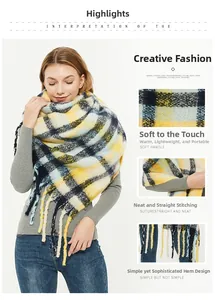 Detail of yellow and black plaid scarf with soft knit texture and long tassel edges