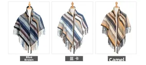 Dettaglio della trama a maglia e frange di sciarpe a righe in blu, kaki e color cammello