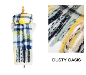 Detail of yellow and blue plaid scarf showing fluffy knit texture and long fringe tassels