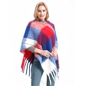 Women Plaid Poncho Shawl Thickened Polyester Tassel Pullover Winter Warm Casual Western Style Outerwear