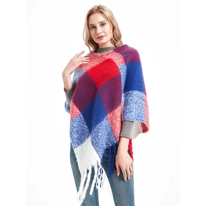 Women's plaid knitted poncho with red and blue check pattern and tassel hem fringe