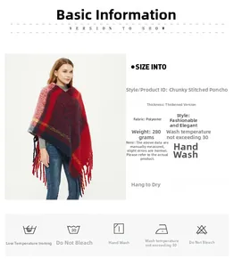 Detailed view of red and navy blue plaid poncho scarf with chunky tassels and fabric texture