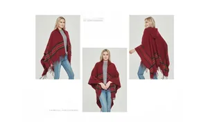 Detailed views of women's red hooded poncho with classic plaid hem and tassel fringe