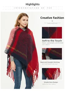 Detailed close-up of red and blue plaid poncho featuring soft knit texture and fringe hem
