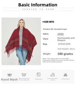 Detail view of red plaid hooded poncho featuring fringe trim and dimensions diagram