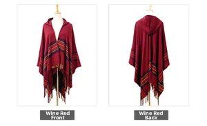 Burgundy hooded poncho with colorful stripes and fringe trim, front and back views