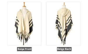 Front and back views of a beige striped hooded poncho with decorative fringe details