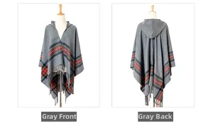 Front and back detail of a grey hooded poncho with colorful stripes and fringe trim