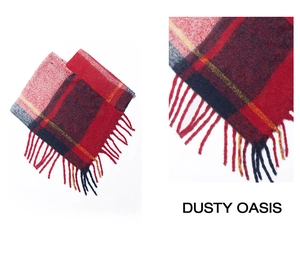 Detailed view of red plaid scarf with thick fringe and multi-color woven pattern