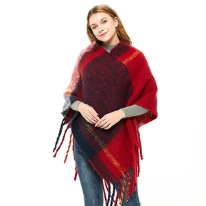 Plaid knitted poncho with fringes in red and navy blue for women autumn winter fashion