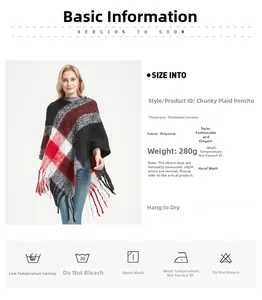 Détail d'un poncho épais à carreaux avec de longues franges et un tissu en polyester lourd