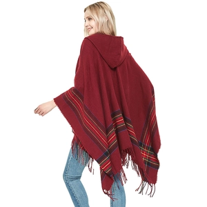 Women Hooded Poncho Cape Faux Cashmere Plaid Striped Tassel Fringed Winter Warm Shawl Wrap Lady