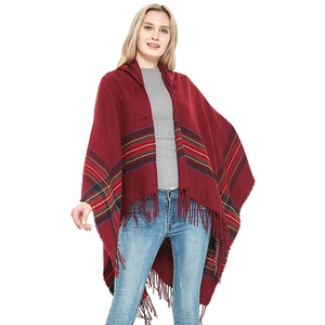 Vintage burgundy plaid hooded poncho with decorative stripes and tassel fringe for women