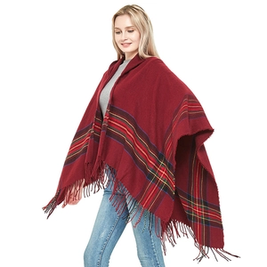 Women's burgundy plaid hooded cape with retro tassel trim in soft faux cashmere style