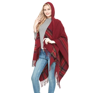 Women's hooded knit poncho in burgundy plaid with tassels, elegant faux cashmere wrap